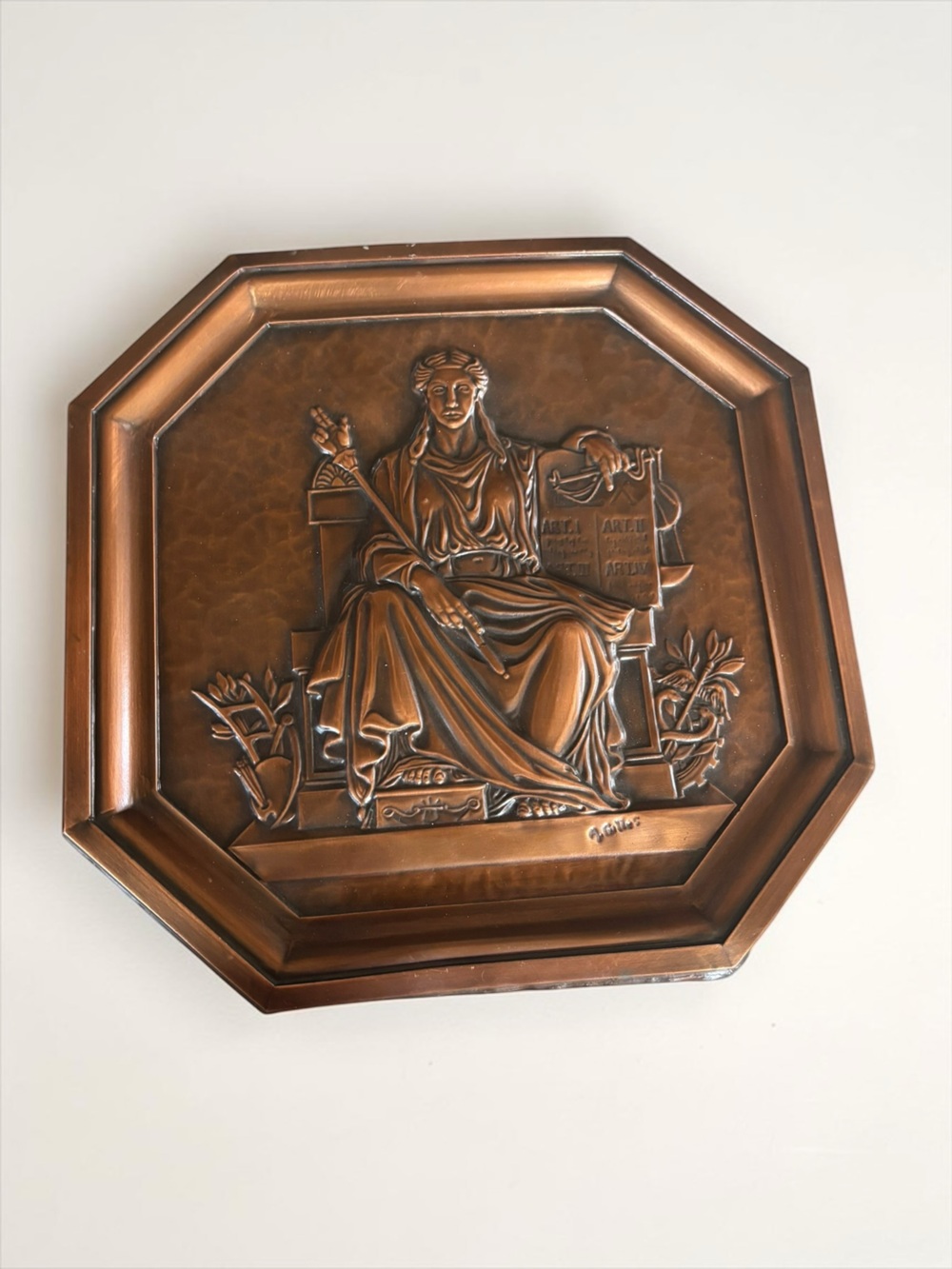 Albert Gilles Signed Copper Repoussé Figural Wall Plaque Quebec Canada